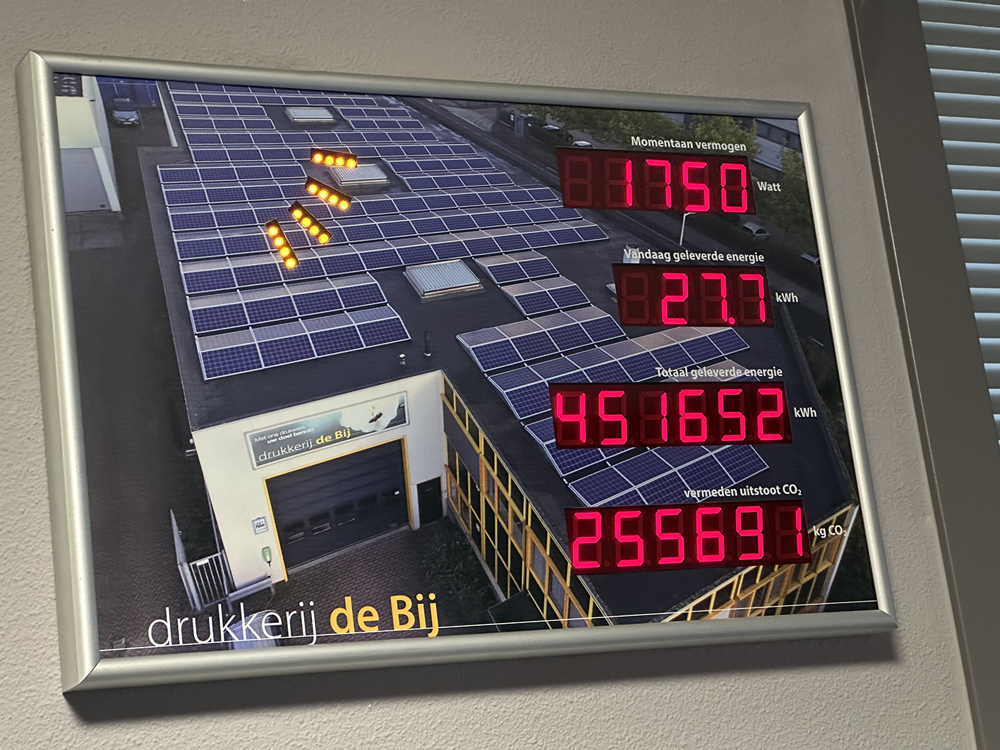 Zonnedak met energieproductiegegevens op scherm.