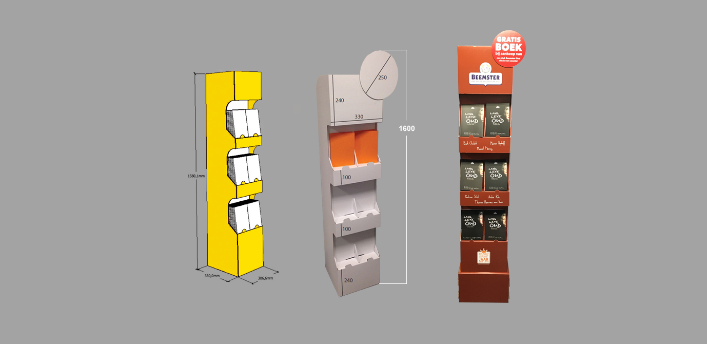 Drie ontwerpen van kartonnen displays met verschillende indelingen.