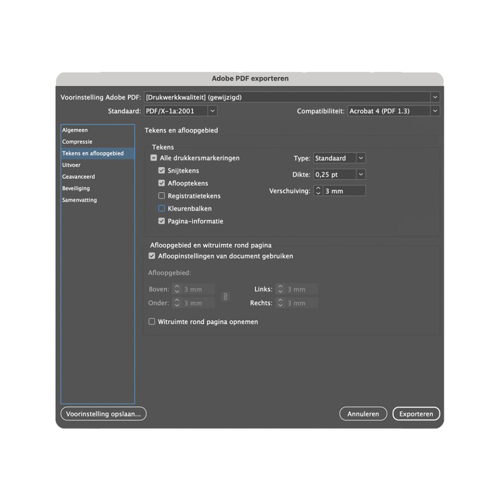 PDF exportinstellingen venster in Adobe software
