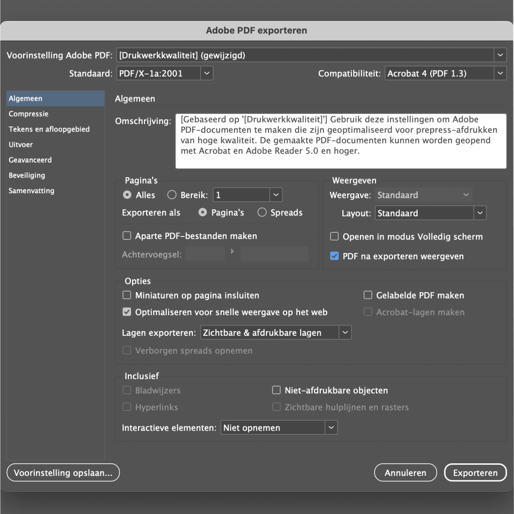 Adobe PDF exporteerinstellingen scherm.