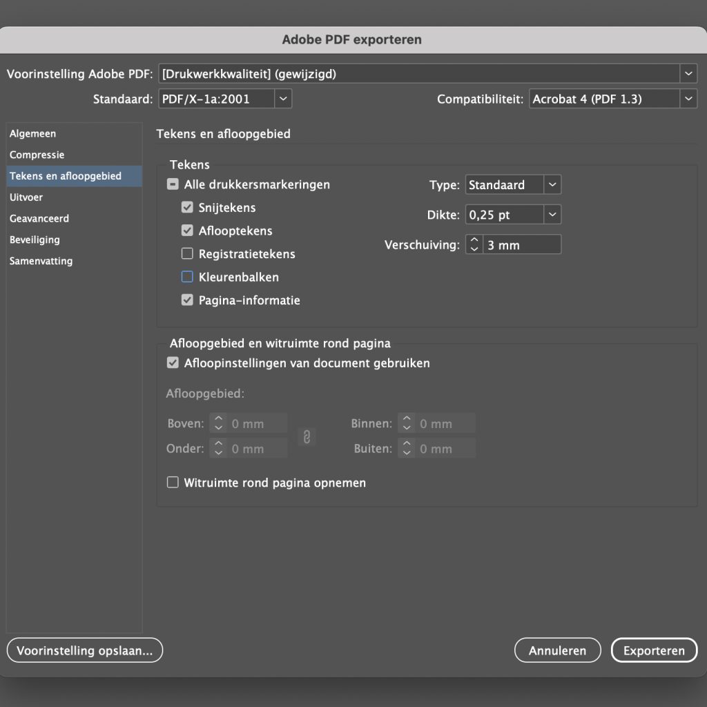 Adobe PDF exportinstellingen venster